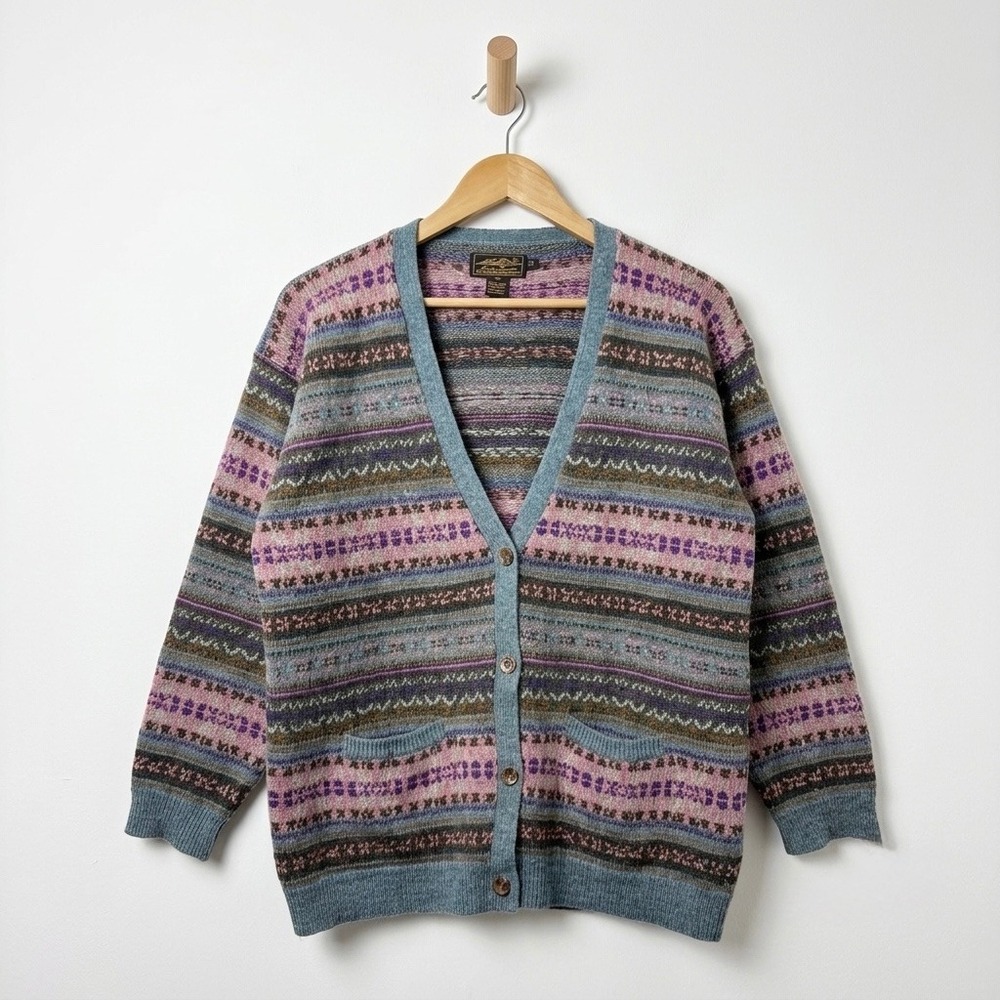 Vintage Eddie Bauer Wool Cardigan M Fair Isle Nordic Cottagecore Grandpa Sweater